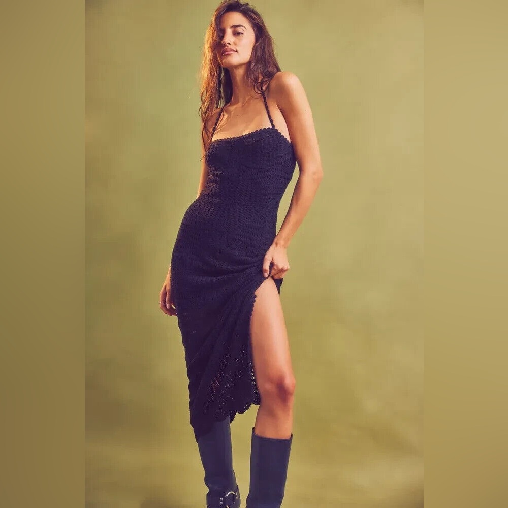 Free People Black Midi Crochet Dahlia Dress